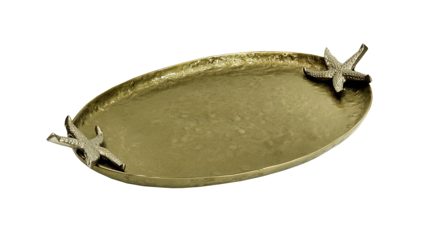 Antique Brass Oval Serving Tray | Starfish Handles, Coastal Decor