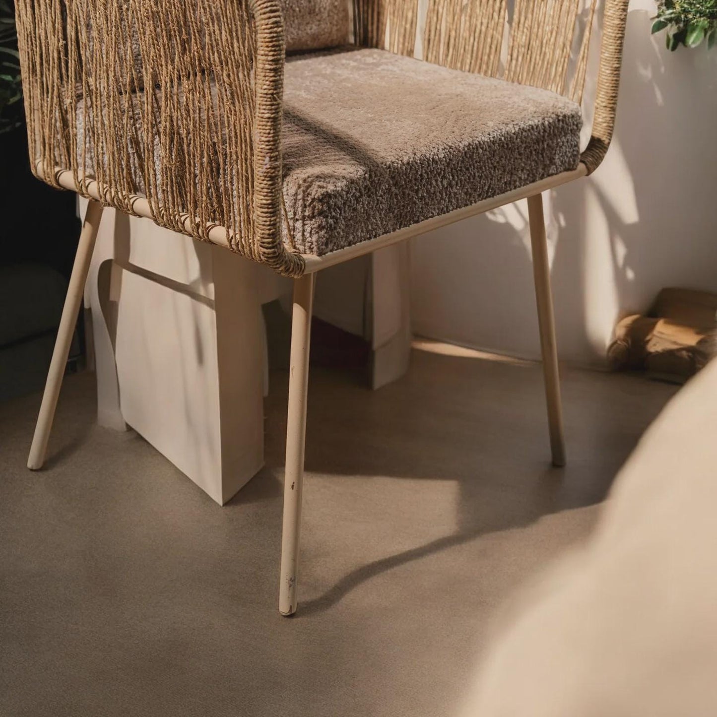 Handwoven Jute Rope Lounge Chair, Boho Upholstered Accent Armchair, Rustic Furniture