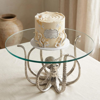 Aluminum Octopus Cake Stand, Silver Coastal Dessert Platter, Nautical Serving Tray