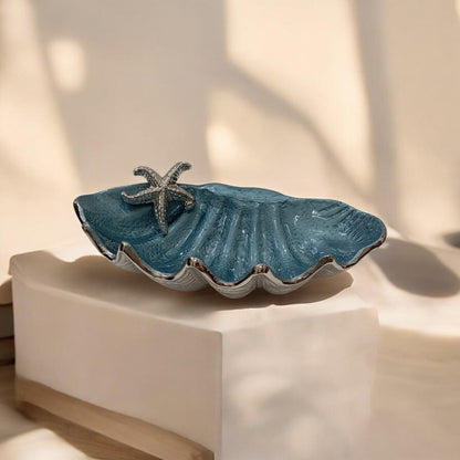 Blue Enamel Clam Shell Bowl, Coastal Starfish Centerpiece, Handcrafted Ocean Decor