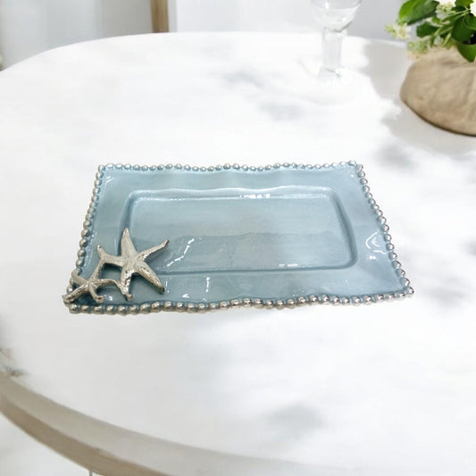 Starfish Platter Blue Enamel Coastal Serving Tray Aluminum Beach Wedding Gift