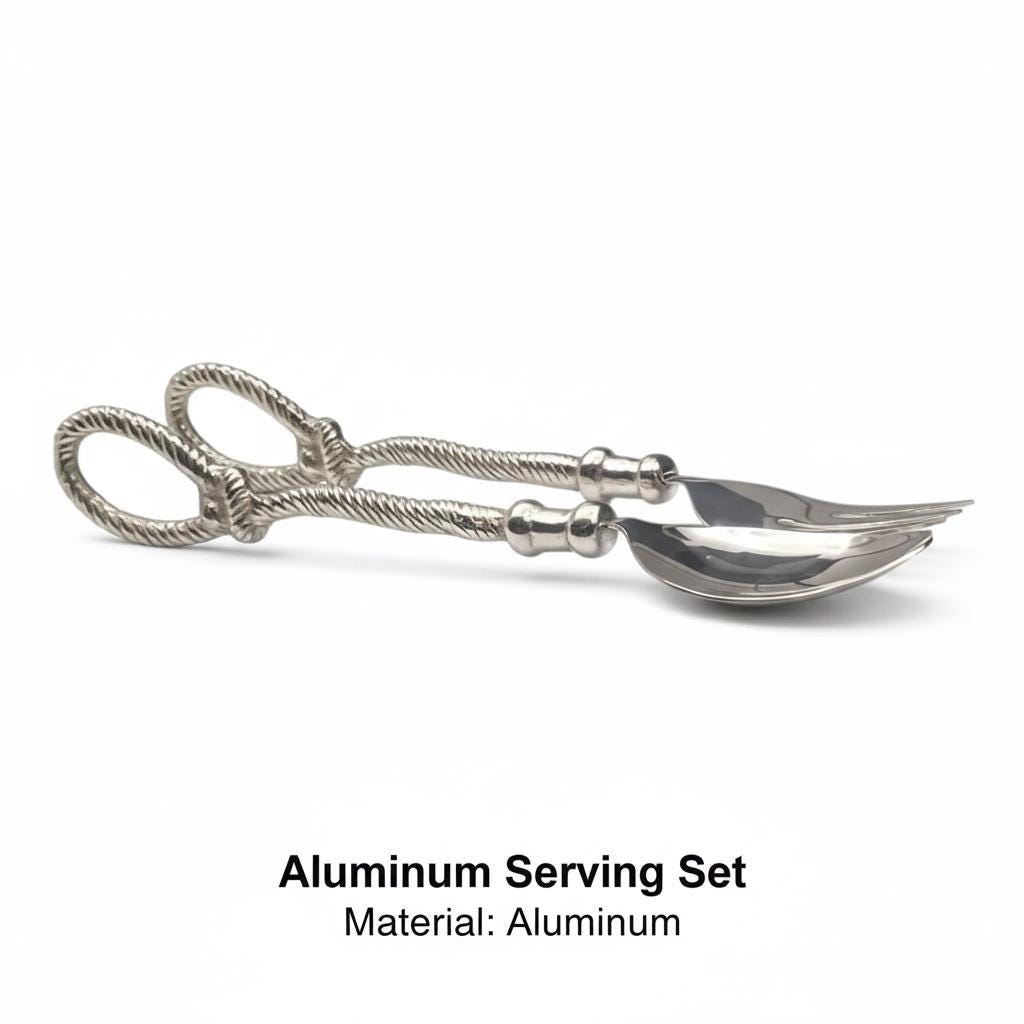 Aluminum Serving Set, Twisted Rope Handle, Silver Finish