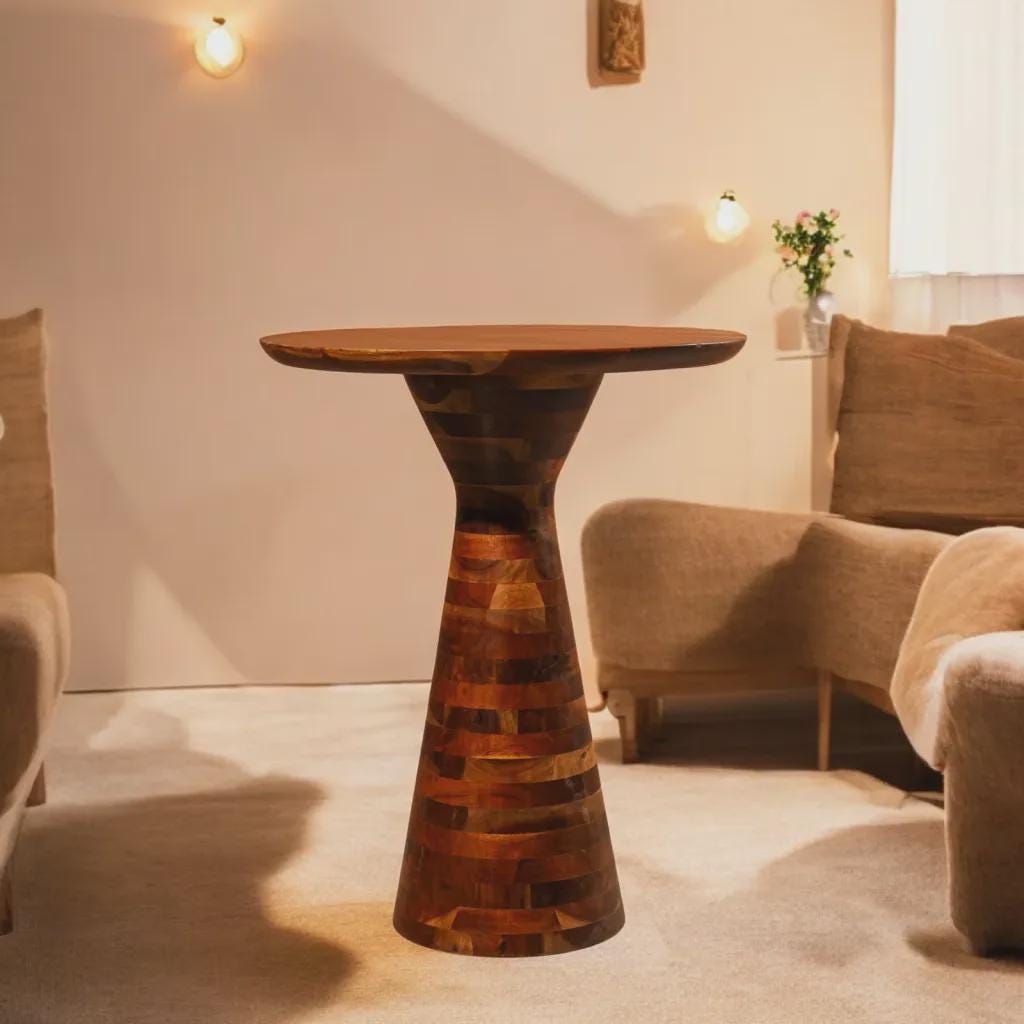 Handcrafted Acacia Wood Pedestal Table, Modern Rustic Farmhouse Accent Side Table