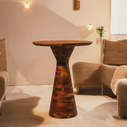 Handcrafted Acacia Wood Pedestal Table, Modern Rustic Farmhouse Accent Side Table