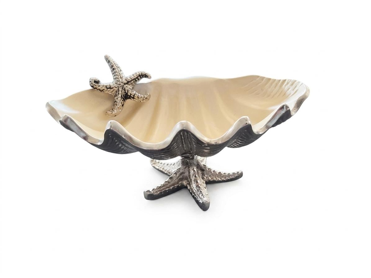Mother of Pearl Pedestal Platter, Silver Aluminum Serving Tray, Coastal Decor, Wedding Dessert Stand