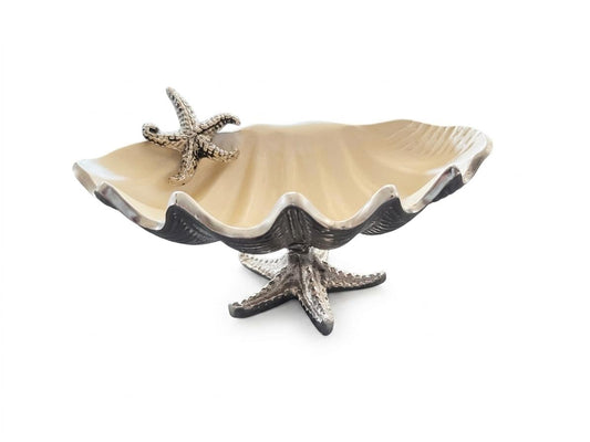 Mother of Pearl Pedestal Platter, Silver Aluminum Serving Tray, Coastal Decor, Wedding Dessert Stand