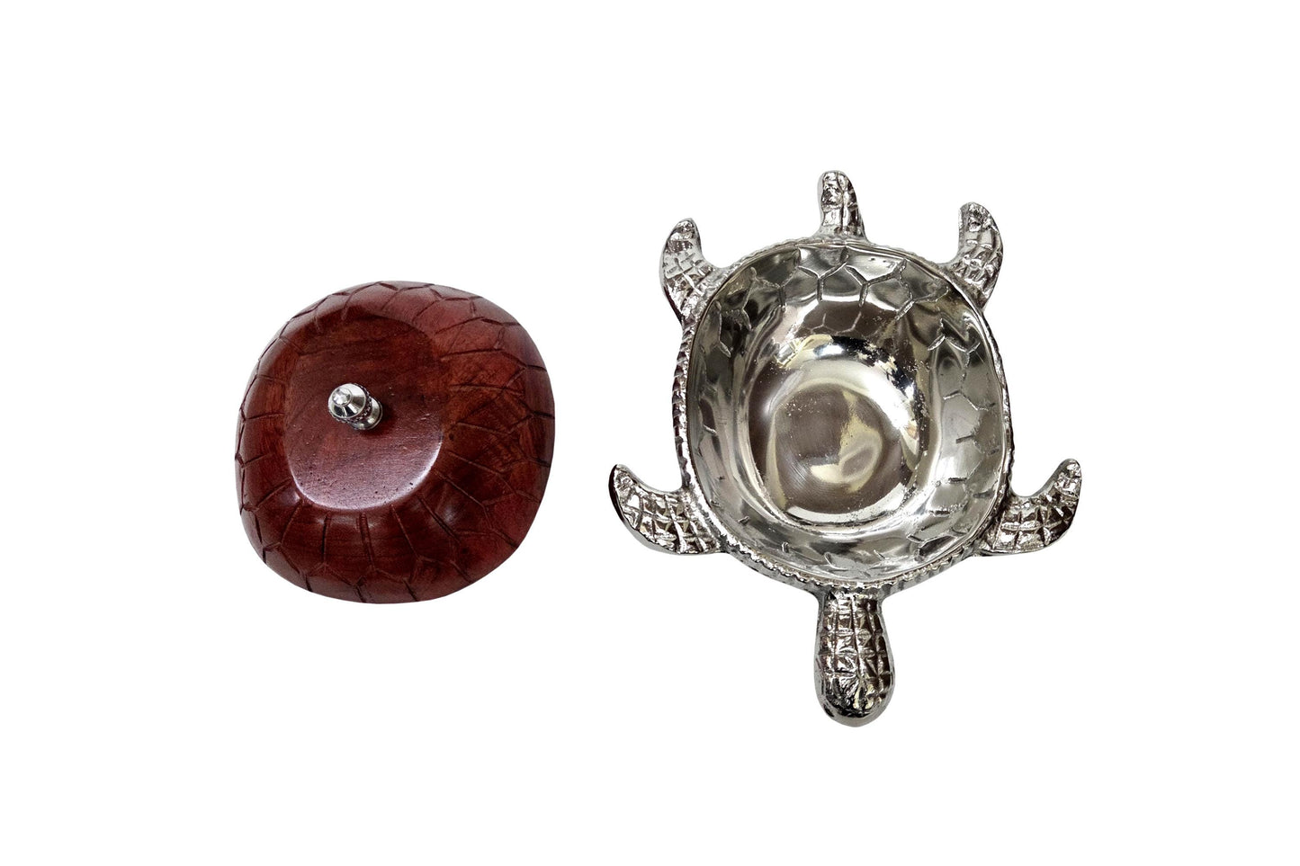 Silver Turtle Trinket Bowl with Wooden Lid, Coastal Beach Decor, Nautical Jewelry Box