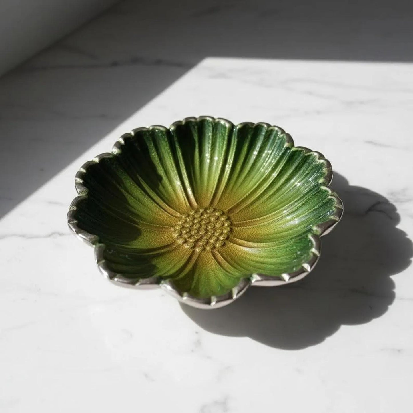 Handmade Green Enamel Flower Bowl | Silver Rim Aluminum Serving Dish