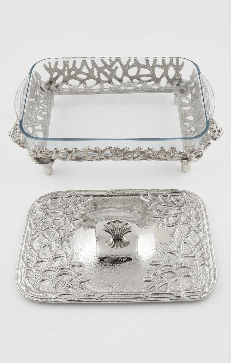 Rectangular Coral Design Casserole Dish with Turkish Glass Lid | 4 Qt Oven to Table Bakeware