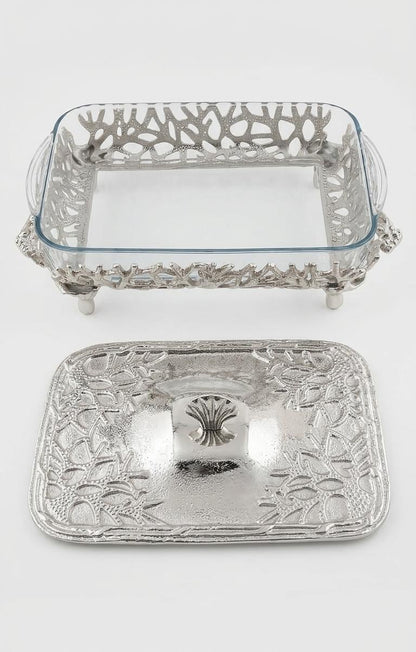 Rectangular Coral Design Casserole Dish with Turkish Glass Lid | 4 Qt Oven to Table Bakeware