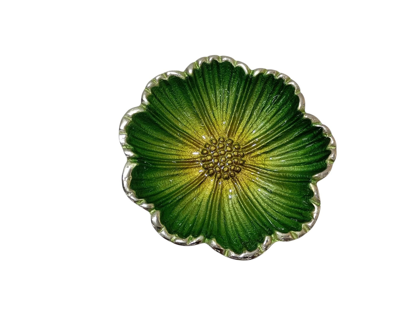 Handmade Green Enamel Flower Bowl | Silver Rim Aluminum Serving Dish