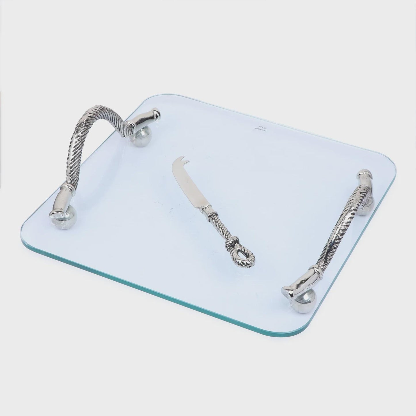 Glass Cheese Tray with Silver Aluminum Handles & Knife Set | Charcuterie Serving Platter