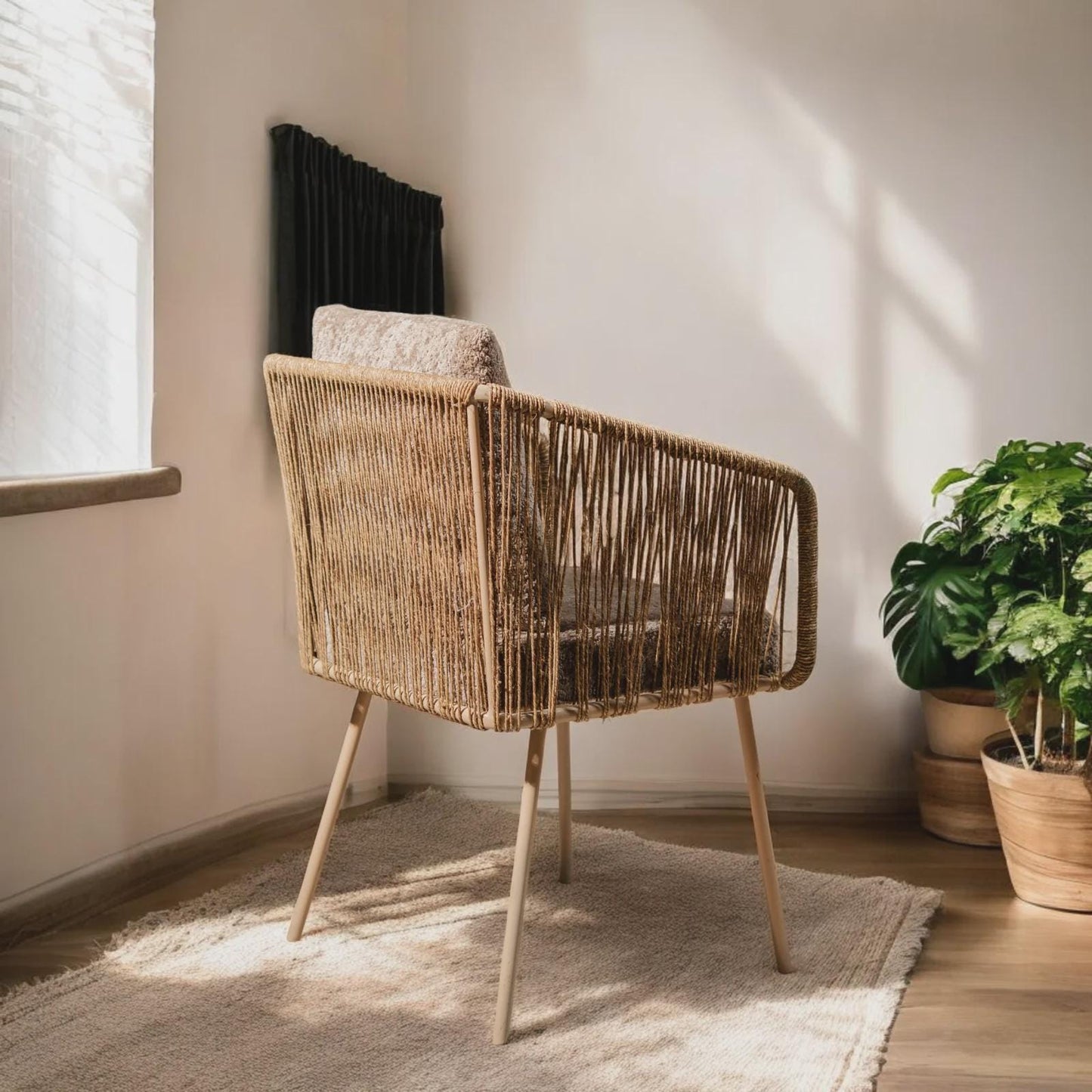 Handwoven Jute Rope Lounge Chair, Boho Upholstered Accent Armchair, Rustic Furniture