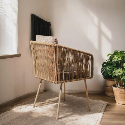 Handwoven Jute Rope Lounge Chair, Boho Upholstered Accent Armchair, Rustic Furniture
