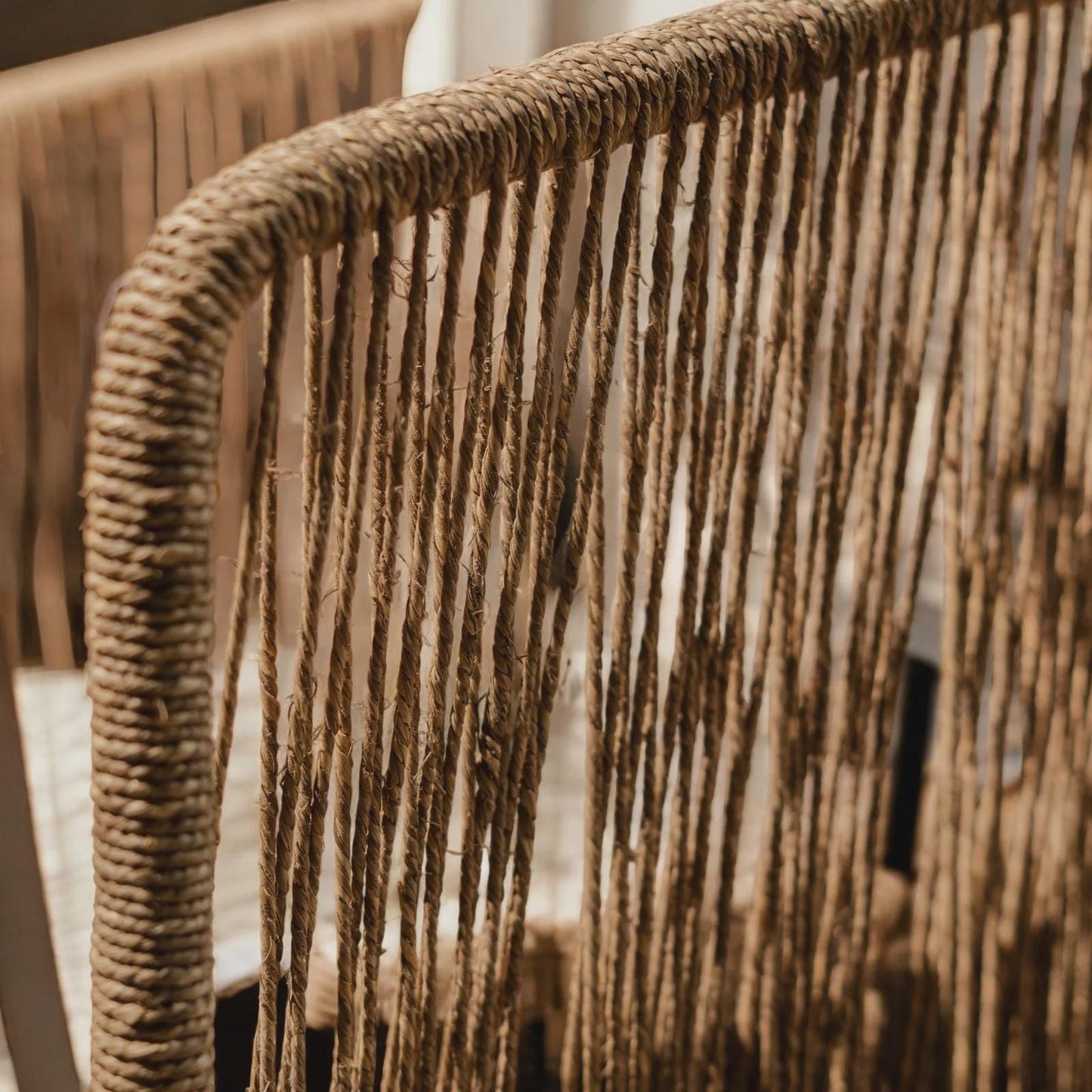 Handwoven Jute Rope Lounge Chair, Boho Upholstered Accent Armchair, Rustic Furniture