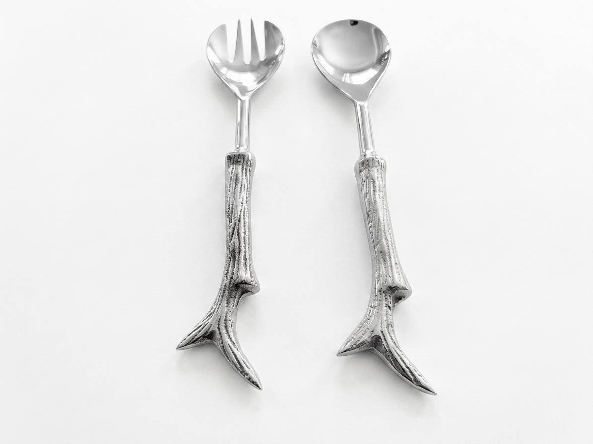 Silver Aluminum Antler Salad Set – Rustic Deer Antler Serving Utensils