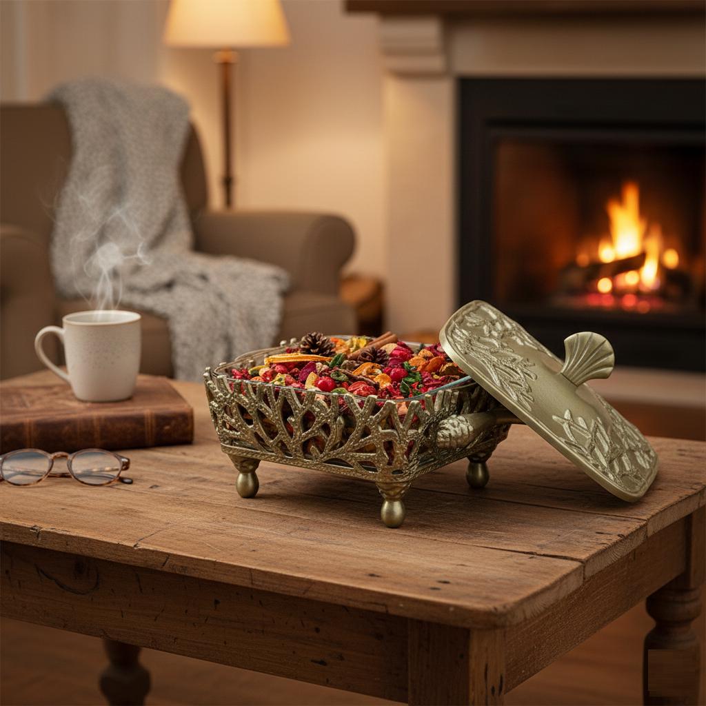 Coastal themed casserole dish, featuring a glass bottom and metal lid and stand
