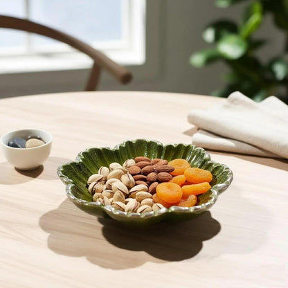 Handmade Green Enamel Flower Bowl | Silver Rim Aluminum Serving Dish