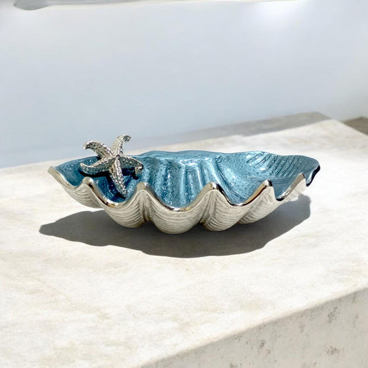 Blue Enamel Clam Shell Bowl, Coastal Starfish Centerpiece, Handcrafted Ocean Decor