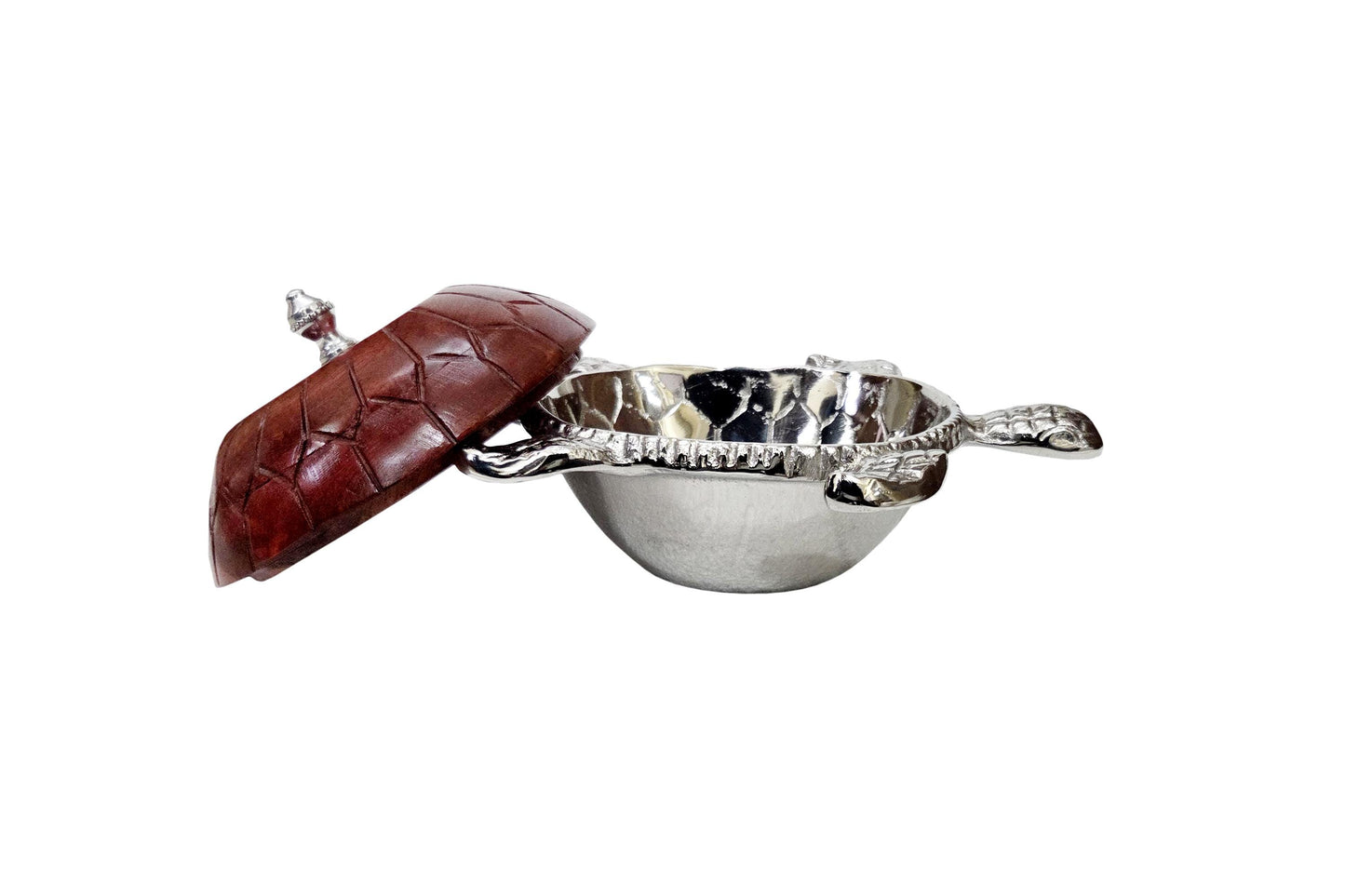 Silver Turtle Trinket Bowl with Wooden Lid, Coastal Beach Decor, Nautical Jewelry Box