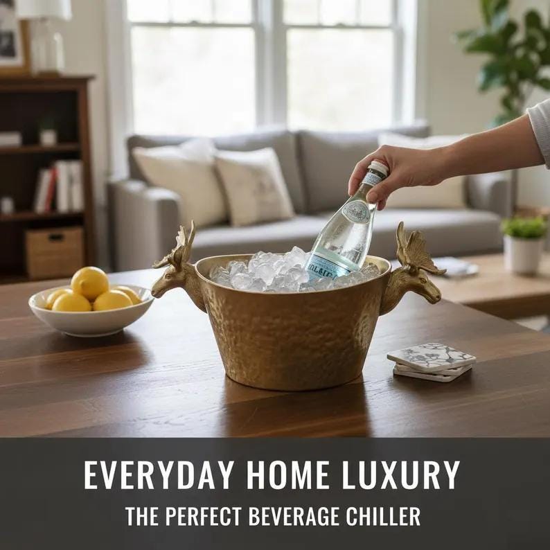 Antique Brass Finish Ice Bucket | Elk Handle Wine Chiller