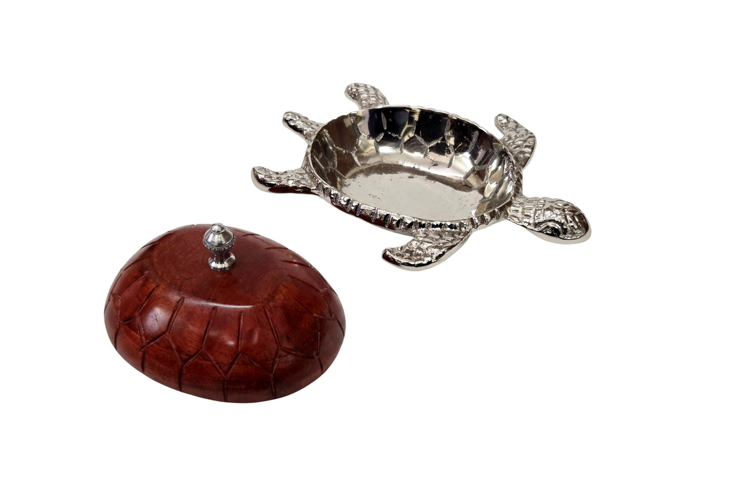 Silver Turtle Trinket Bowl with Wooden Lid, Coastal Beach Decor, Nautical Jewelry Box
