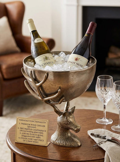 Antique Brass Aluminum Deer Stand Bowl, Wine Chiller Centerpiece