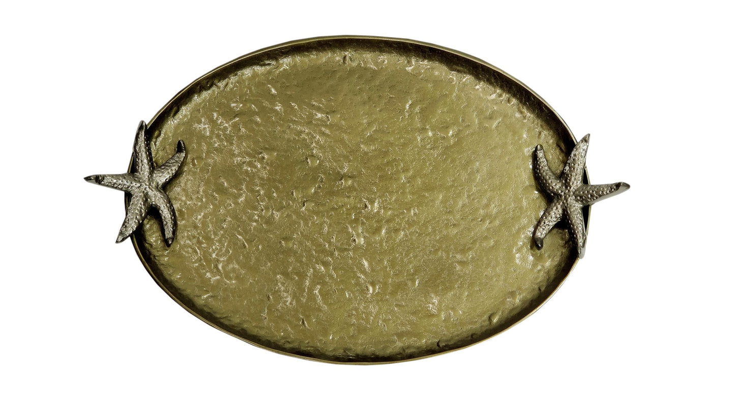 Antique Brass Oval Serving Tray | Starfish Handles, Coastal Decor