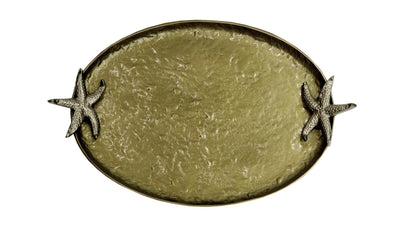 Antique Brass Oval Serving Tray | Starfish Handles, Coastal Decor