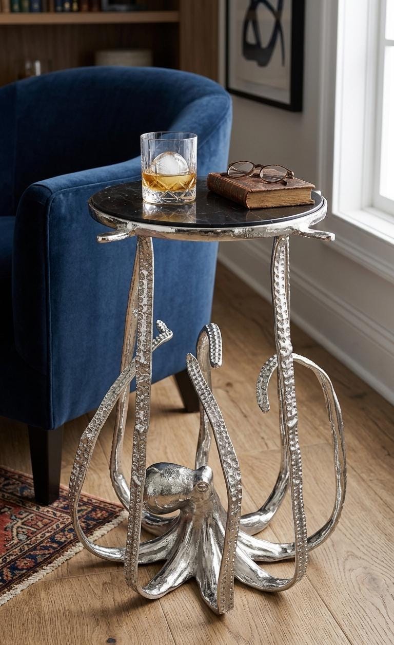Octopus Drink Table – Granite Marble Top, Coastal Accent Side Table, Nautical Decor