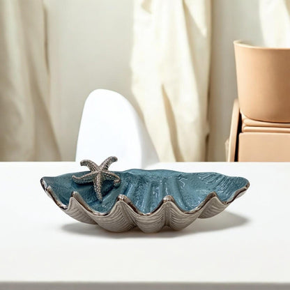 Blue Enamel Clam Shell Bowl, Coastal Starfish Centerpiece, Handcrafted Ocean Decor