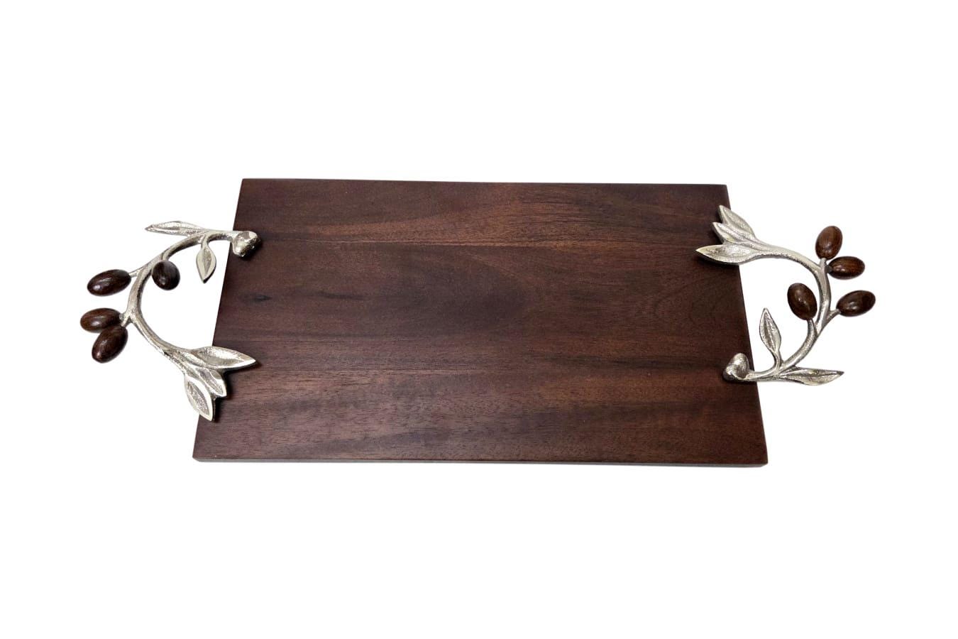 Wooden Serving Tray – Silver Olive Branch Handles, Rustic Farmhouse Cheese Board