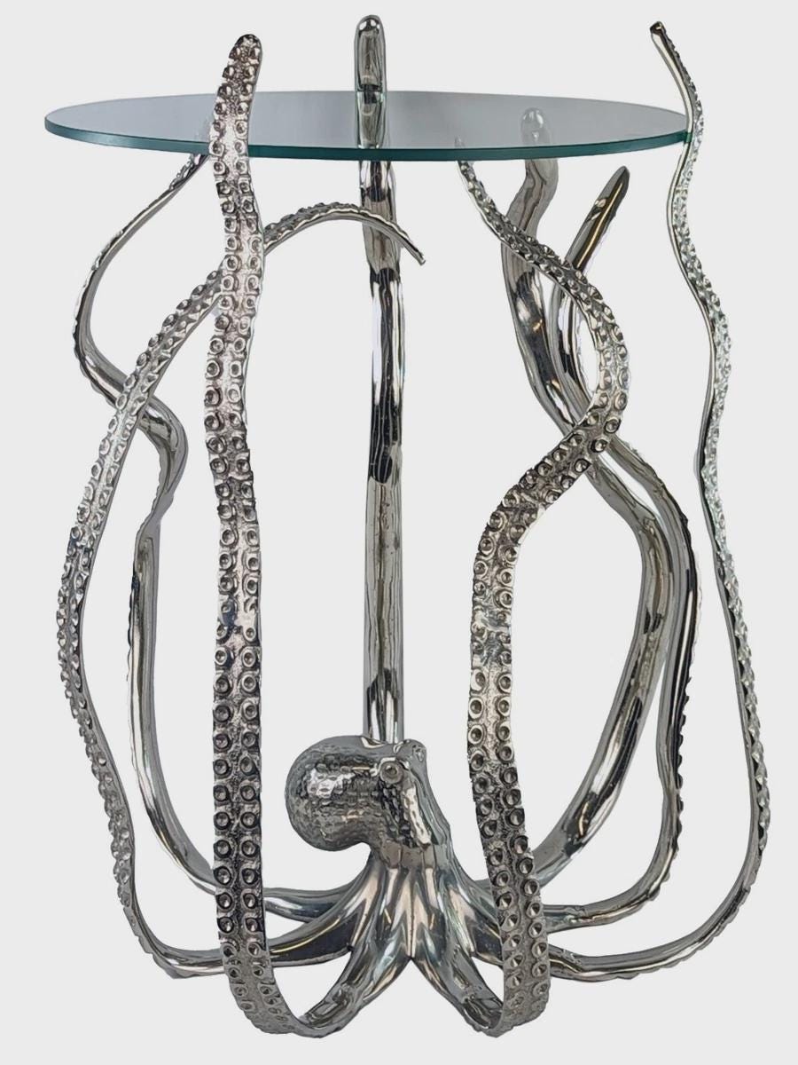 Handcrafted Aluminum Octopus Side Table with Glass Top – Nautical Coastal Decor