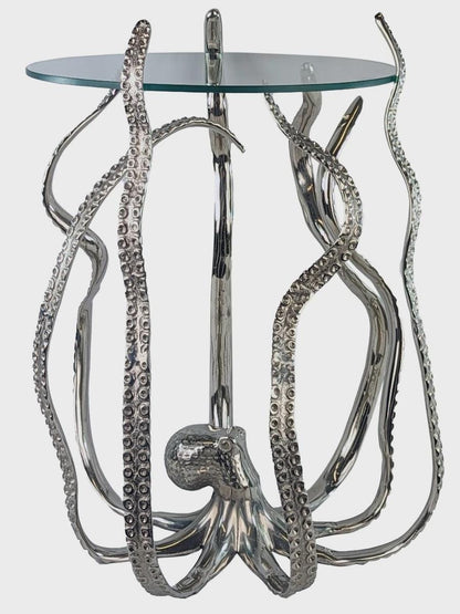Handcrafted Aluminum Octopus Side Table with Glass Top – Nautical Coastal Decor