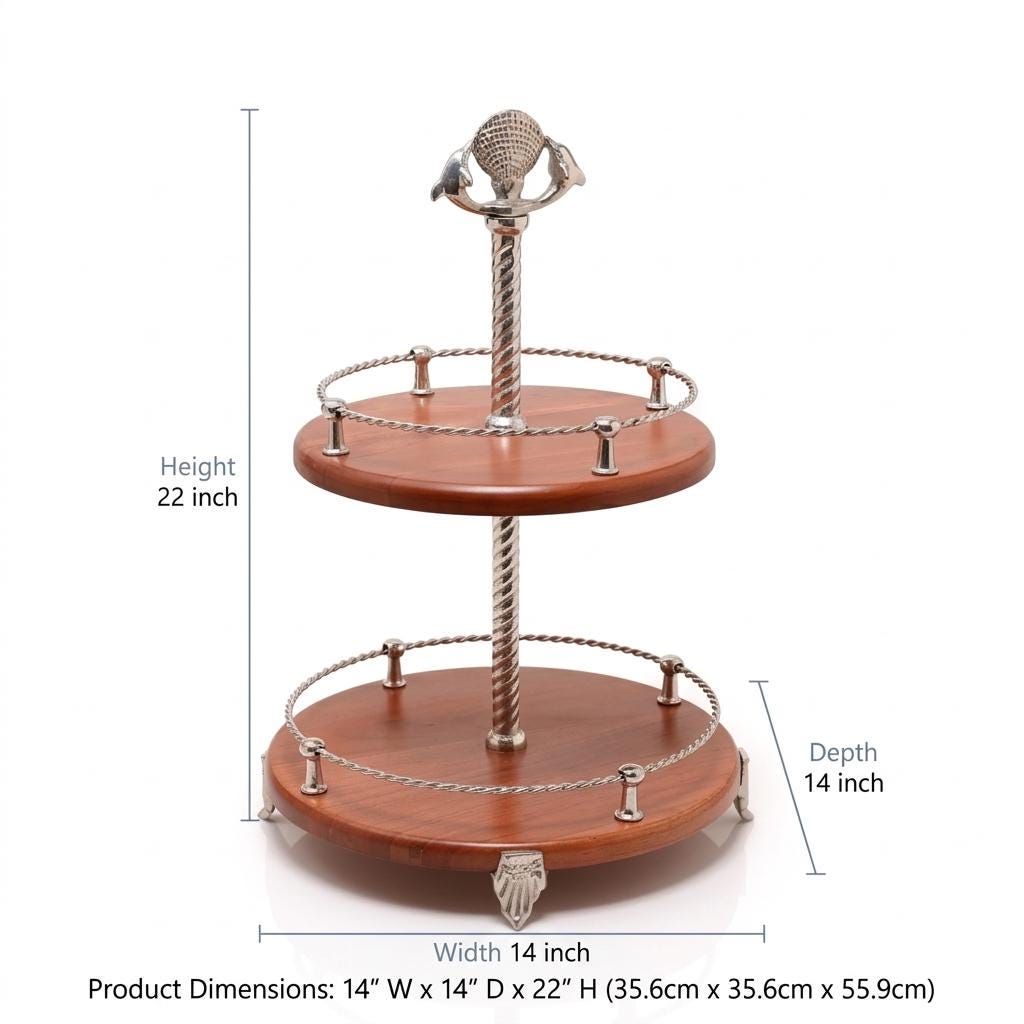 Handcrafted Two-Tier Wood Serving Stand, Seashell Handle