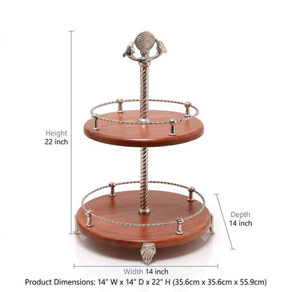 Handcrafted Two-Tier Wood Serving Stand, Seashell Handle