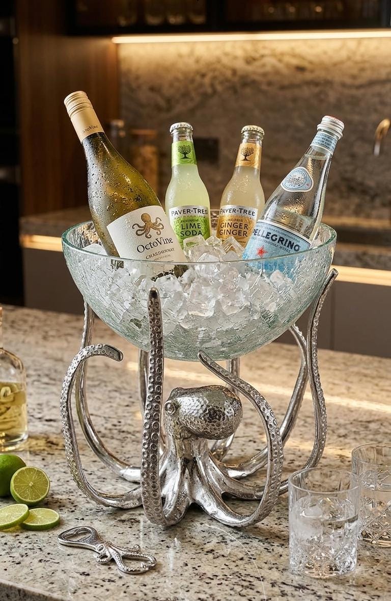 Octopus Glass Wine Bottle Holder, Nautical Chiller Bowl, Coastal Bar Decor