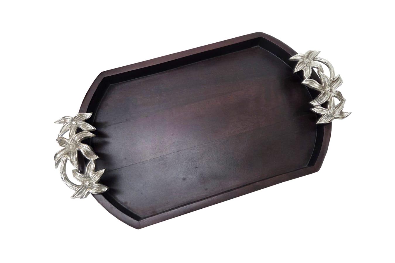 Wooden Serving Tray with Silver Flower Handles, Rustic Farmhouse Platter