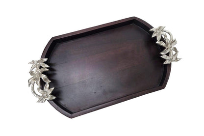 Wooden Serving Tray with Silver Flower Handles, Rustic Farmhouse Platter