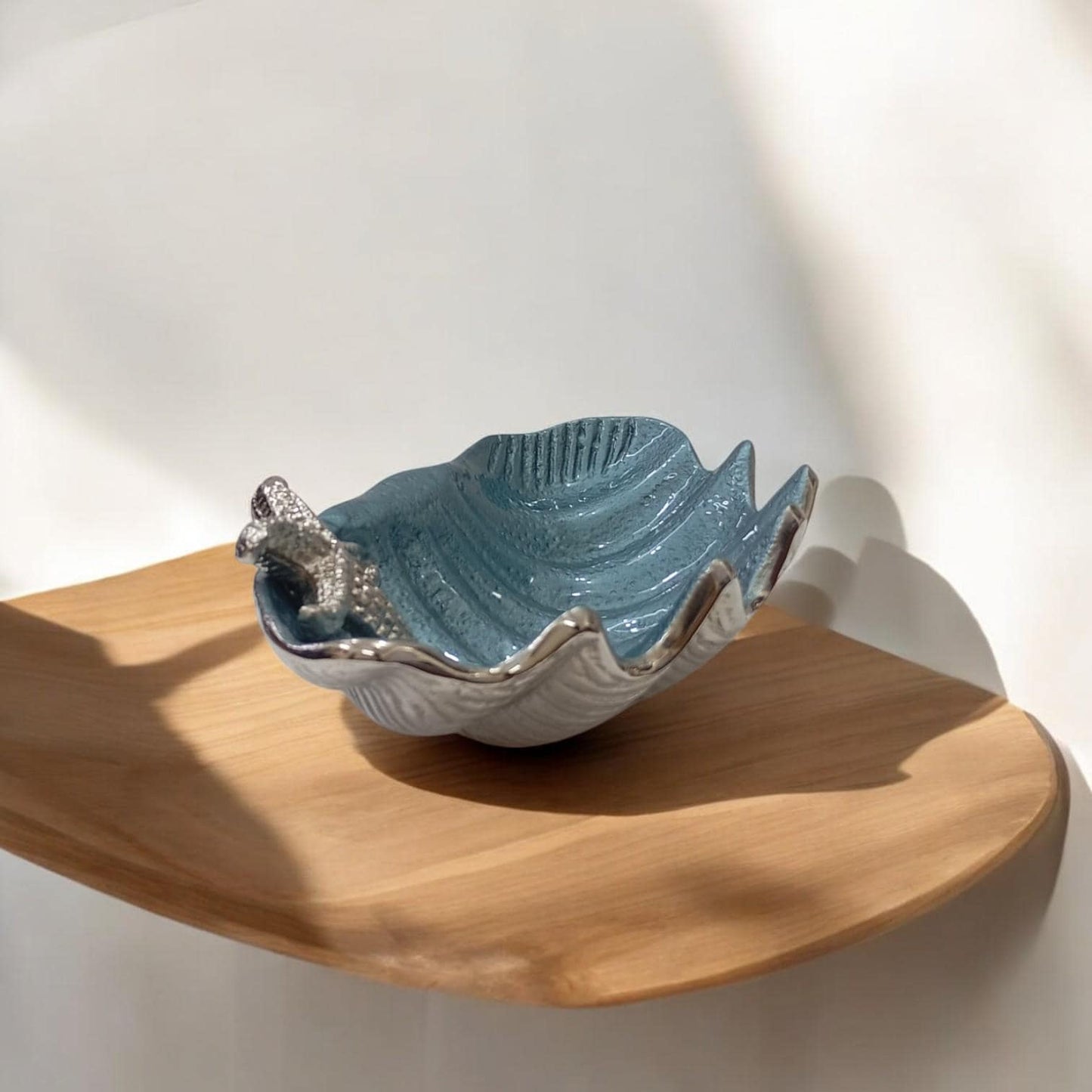 Blue Enamel Clam Shell Bowl, Coastal Starfish Centerpiece, Handcrafted Ocean Decor