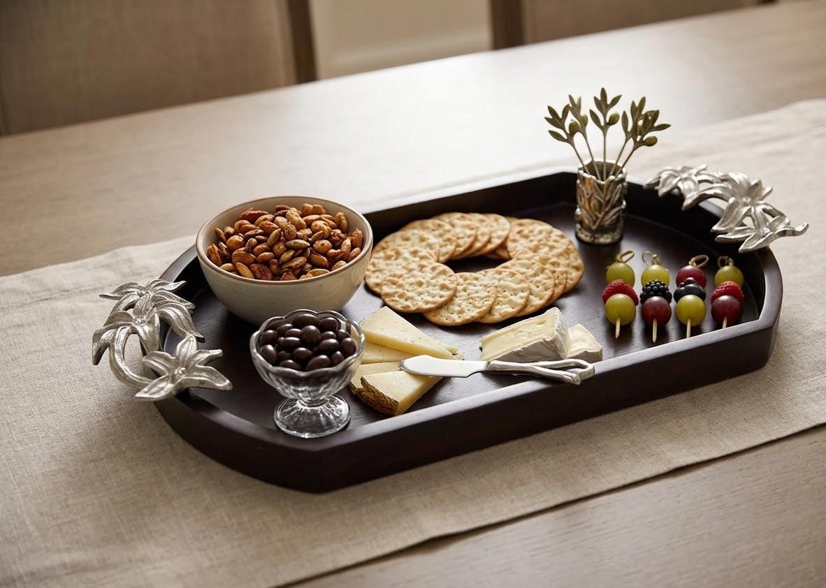 Wooden Serving Tray with Silver Flower Handles, Rustic Farmhouse Platter