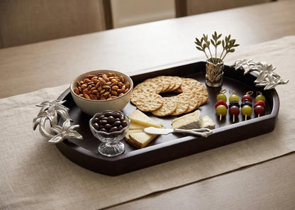 Wooden Serving Tray with Silver Flower Handles, Rustic Farmhouse Platter