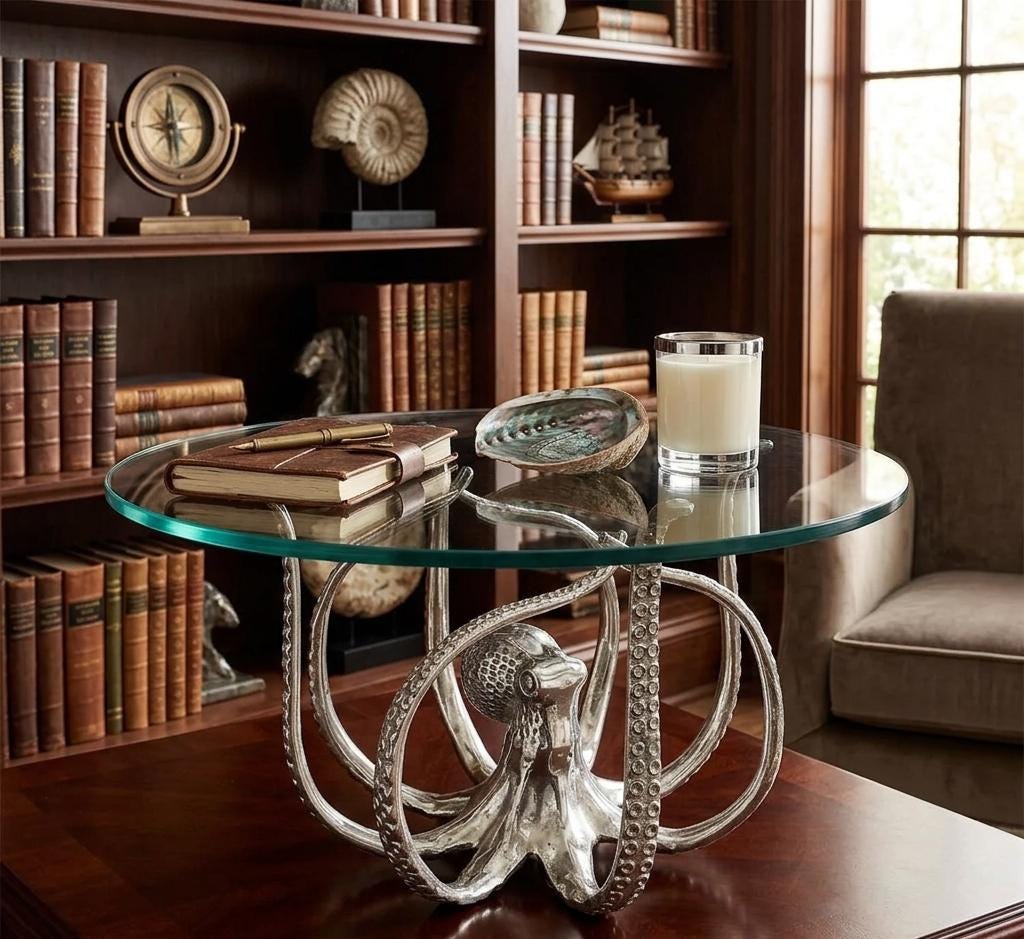 Aluminum Octopus Cake Stand, Silver Coastal Dessert Platter, Nautical Serving Tray