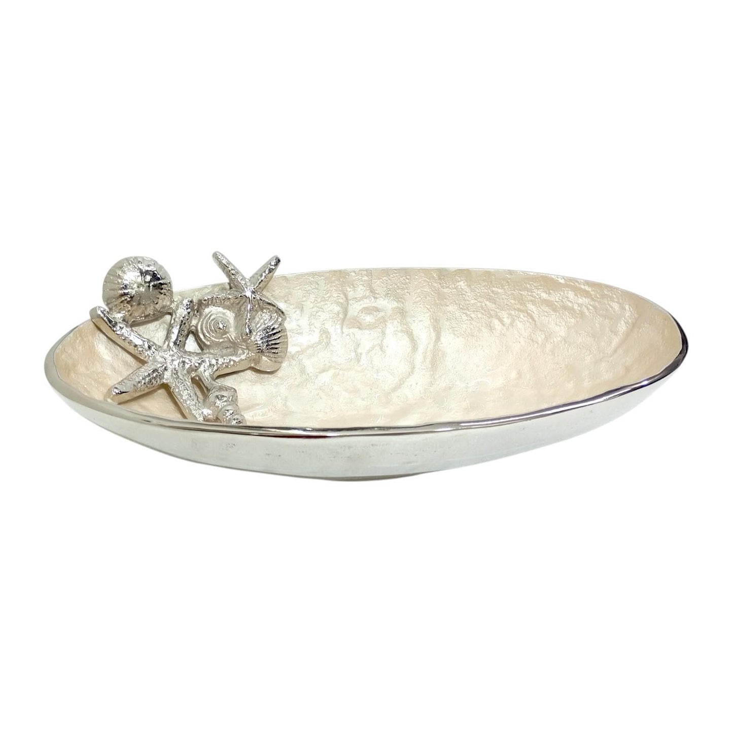 Seashell Aluminum Bowl, Pearl Enamel Coastal Centerpiece, Handcrafted Nautical Decor Tray