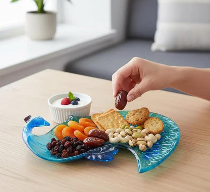 Enamel Aluminum Peacock Serving Tray | Blue & Green Table Decor