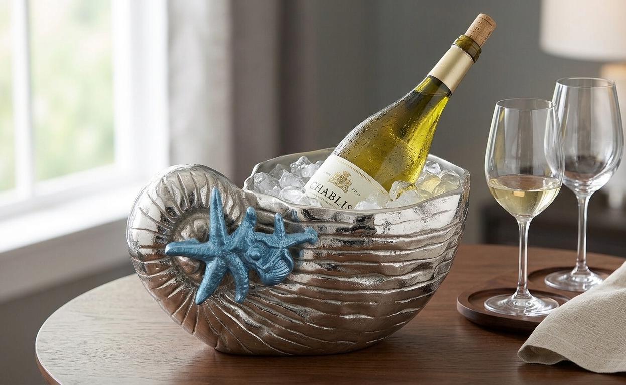 Nautilus Shell Wine Cooler | Polished Aluminum Nautical Bar Decor