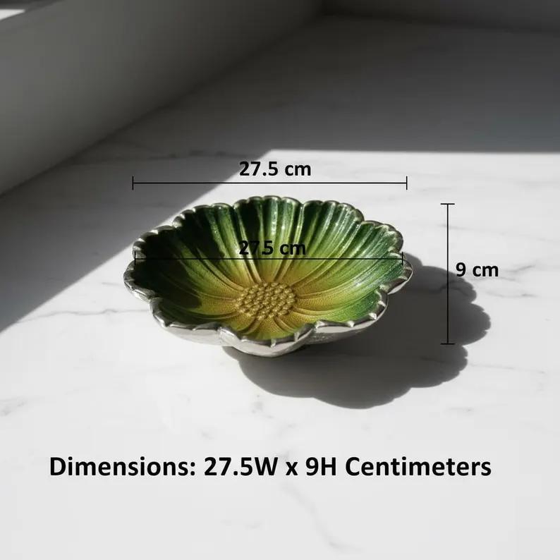 Handmade Green Enamel Flower Bowl | Silver Rim Aluminum Serving Dish
