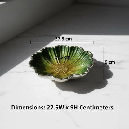 Handmade Green Enamel Flower Bowl | Silver Rim Aluminum Serving Dish