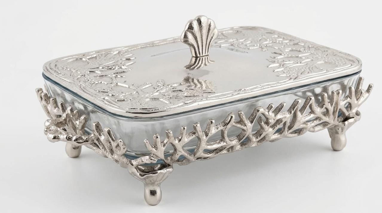 Rectangular Coral Design Casserole Dish with Turkish Glass Lid | 4 Qt Oven to Table Bakeware