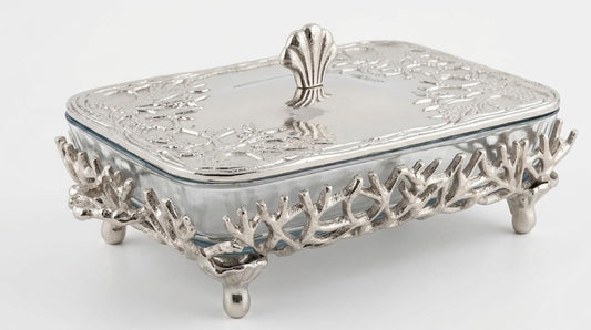 Rectangular Coral Design Casserole Dish with Turkish Glass Lid | 4 Qt Oven to Table Bakeware